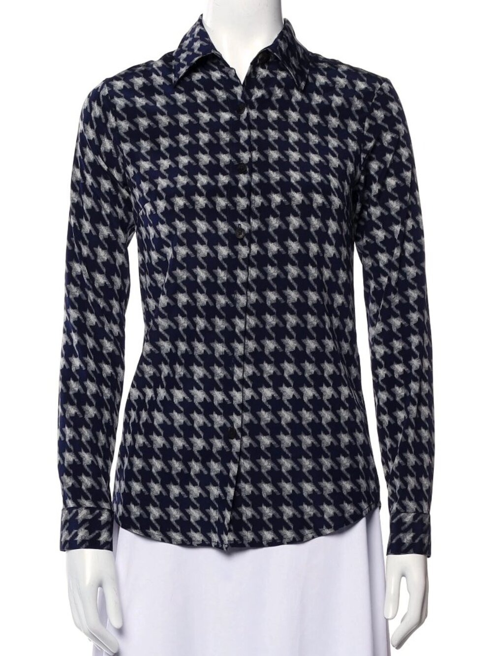 Samantha Sung 100% Silk Blue Houndstooth Button-Up Shirt - XS / 2